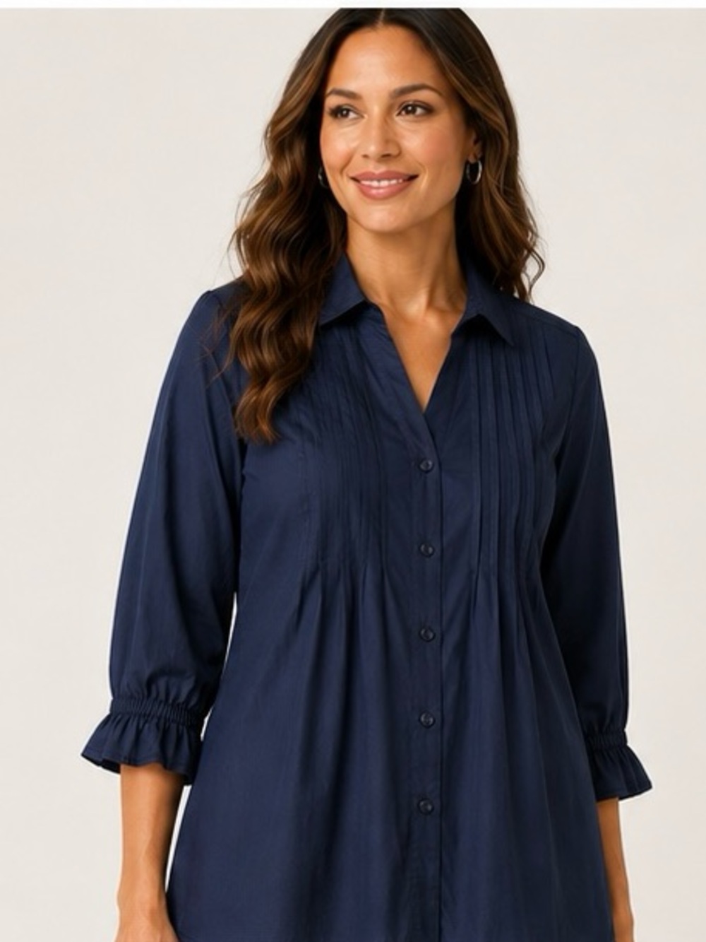 Chico’s 2.5 Pintuck Poplin Shirt Classic Navy Button Front Top Size 14 NWT